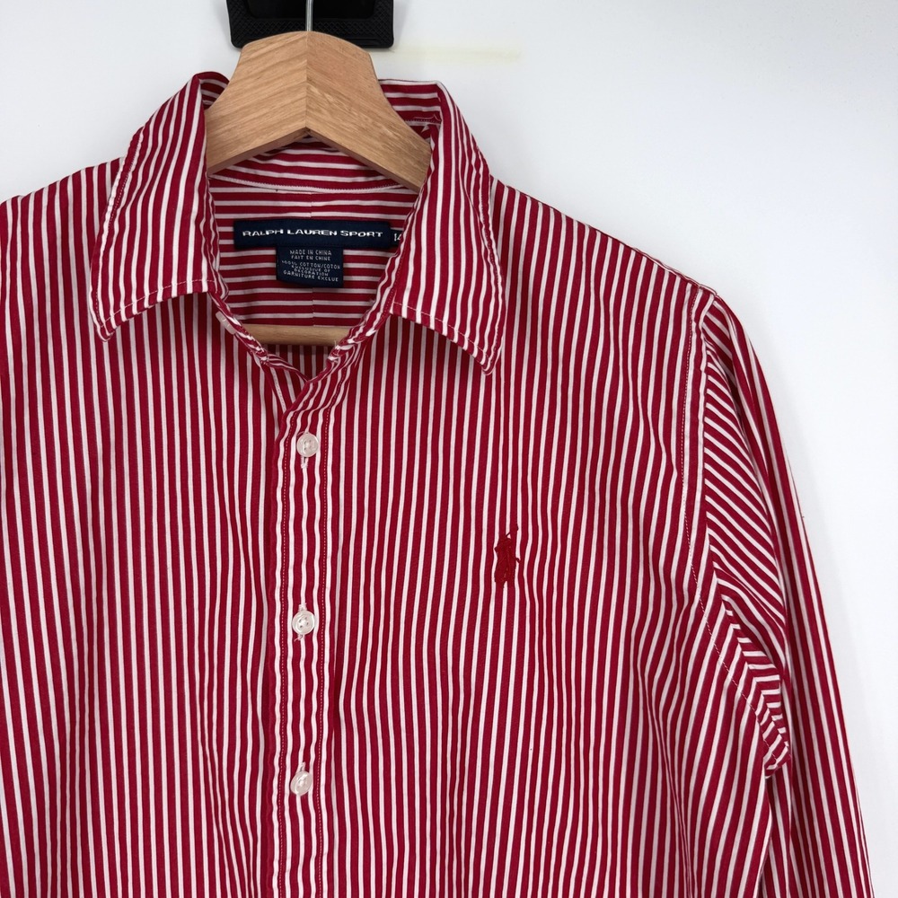 Ralph Lauren Sport Women's Red Striped Button Down Shirt Sz 14 Cotton - Picture 2 of 7